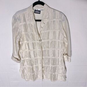 Yak Magic Cream Silk Linen Textured Button Front Half Sleeve Blazer Shirt S